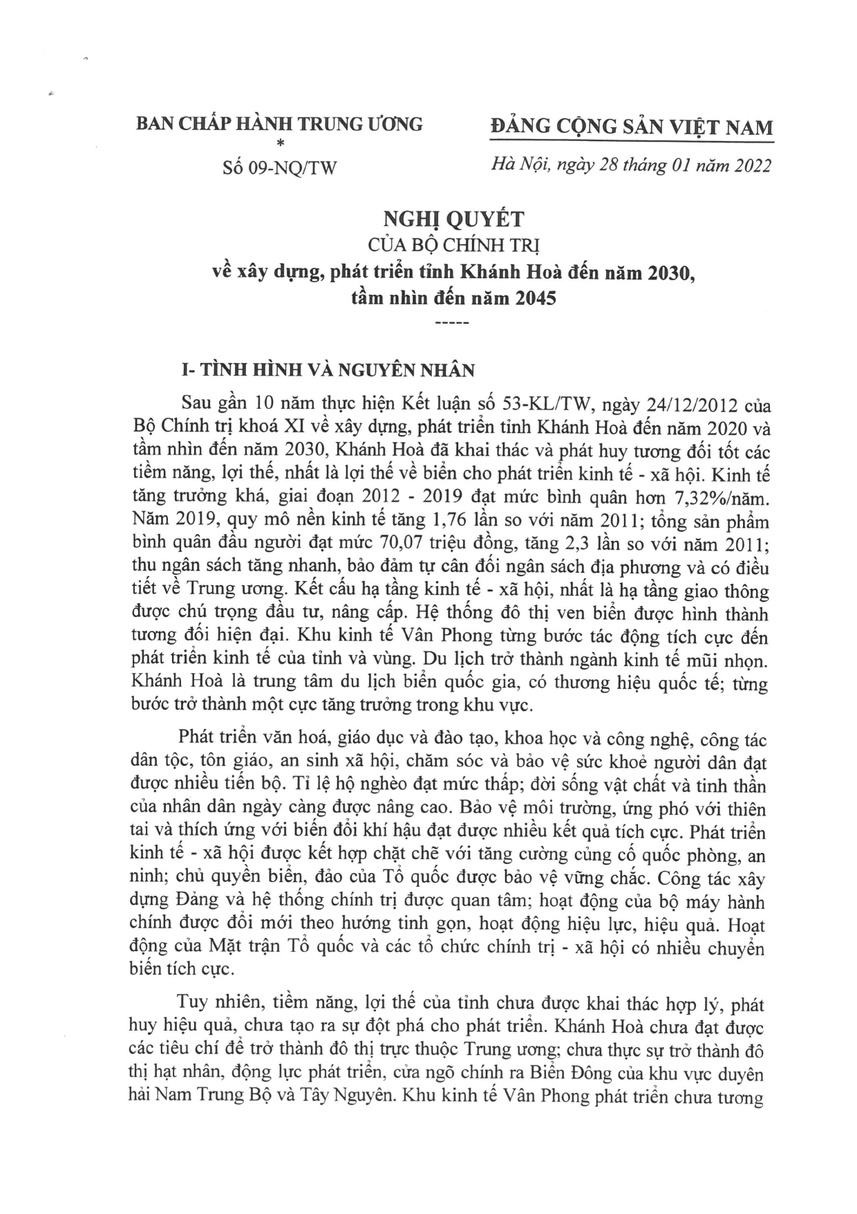 79 King 78 cá cược thể thao số 09-NQ/TW ngày 28/01/2022 của Bộ chính trị về xây dựng, phát triển tỉnh Khánh Hòa đến năm 2030, tầm nhìn đến năm 2045